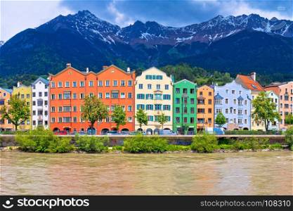 City of Innsbruck colorful Inn river waterfront panorama, Tyrol state of Austria