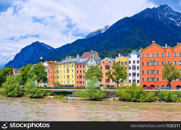 City of Innsbruck colorful Inn river waterfront panorama, Tyrol state of Austria