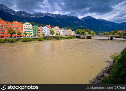 City of Innsbruck colorful Inn river waterfront panorama, Tyrol state of Austria
