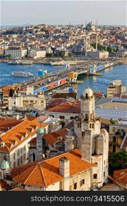 City of Istanbul in Turkey, view from the Beyoglu district over the Golden Horn, Galata bridge and Eminonu district