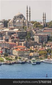 City of Istanbul, view from the Golden Horn on the left side New Mosque (Yeni Valide Camii) on the far right Hagia Sophia (Ayasofya)