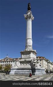 City of Lisbon - Portugal. The Column of Pedro IV in Rossio Square (Praca de D. Pedro IV). The column was erected in 1874.