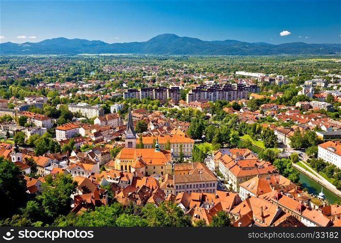 City of Ljubljana and mountains aerial view, capital of Slovenia