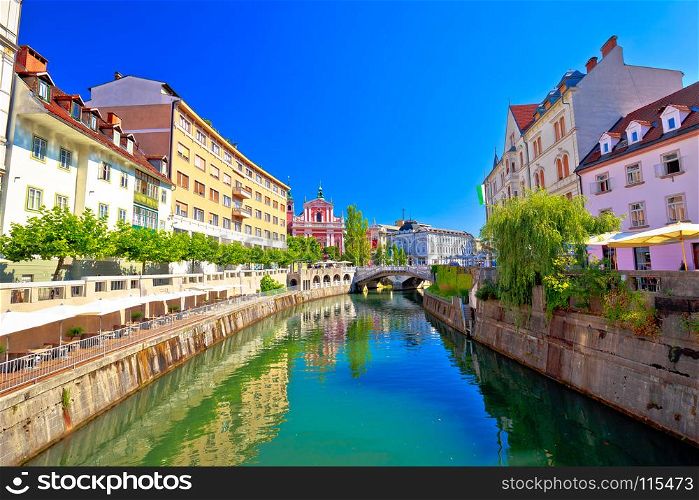 City of Ljubljana historic riverfont view, capital of Slovenia