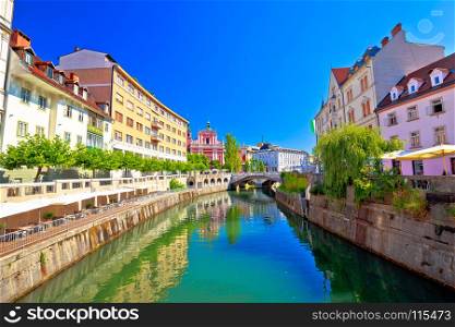 City of Ljubljana historic riverfont view, capital of Slovenia