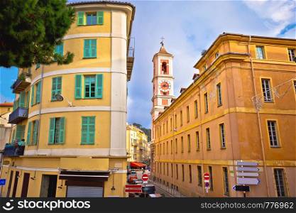 City of Nice colorful street architecture and church view, tourist destination of French riviera, Alpes Maritimes depatment of France