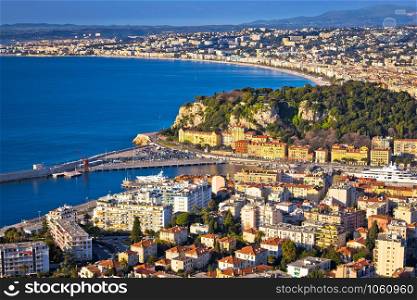 City of Nice colorful waterfront and yachting harbor aerial view, French riviera, Alpes Maritimes department of France