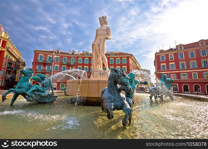 City of Nice Place Massena square and Fountain du Soleil view, tourist destination of French riviera, Alpes Maritimes department of France