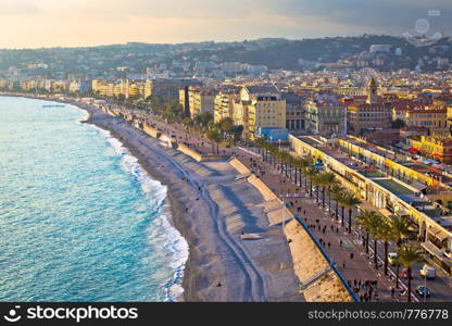 City of Nice Promenade des Anglais waterfront and beach view, French riviera, Alpes Maritimes department of France