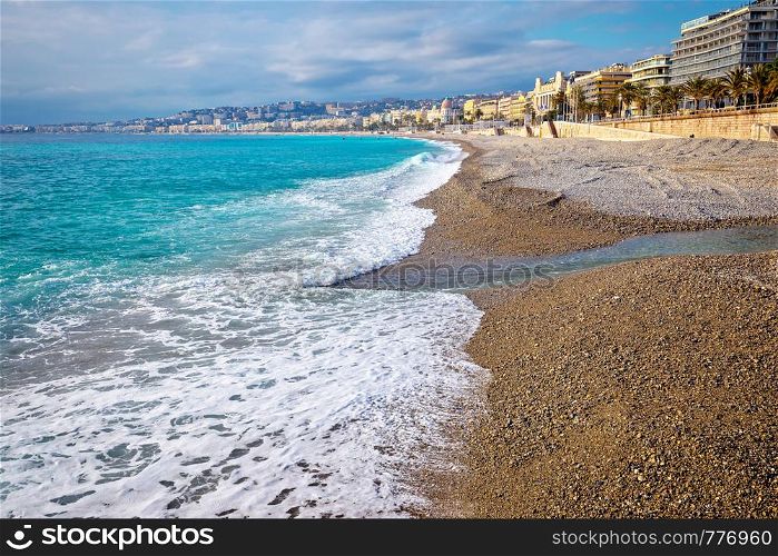 City of Nice Promenade des Anglais waterfront and beach view, French riviera, Alpes Maritimes department of France