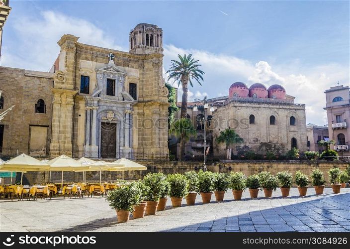 city of palermo plaza bellini on the left church of santa maria dell ammiraglio and on the right a jewel of a norman arabic style of the twelfth century the church of san cataldo with its three red tops