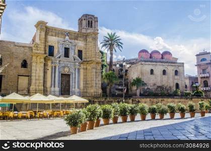 city of palermo plaza bellini on the left church of santa maria dell ammiraglio and on the right a jewel of a norman arabic style of the twelfth century the church of san cataldo with its three red tops