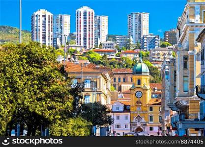 City of Rijeka architecture view, clock tower and skyscrapers, Kvarner bay, Croatia