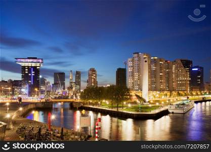City of Rotterdam cityscape at night in Netherlands, South Holland province.