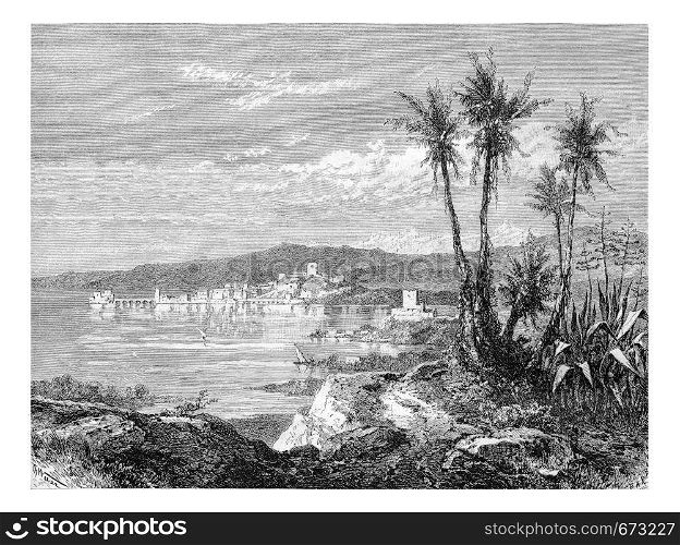 City of Sidon in Lebanon, view from the south of Syria, along the Mediterranean coast, vintage engraved illustration. Le Tour du Monde, Travel Journal, 1881