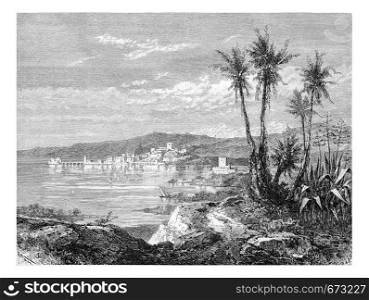 City of Sidon in Lebanon, view from the south of Syria, along the Mediterranean coast, vintage engraved illustration. Le Tour du Monde, Travel Journal, 1881