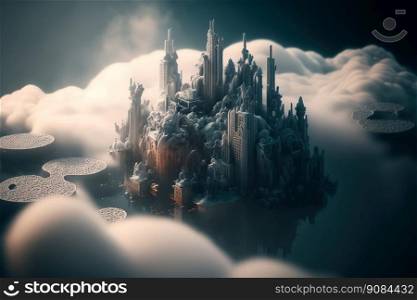 City of Skyscraper Buildings in the Sky with Clouds. Gray Futuristic Landscape for Background. Generative AI. City of Skyscraper Buildings in the Sky with Clouds. Gray Futuristic Landscape. Generative AI