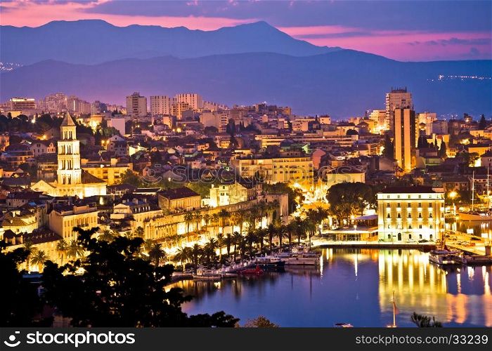 City of Split aerial view at dawn, waterfront and Diocletian palace, Dalmatia, Croatia