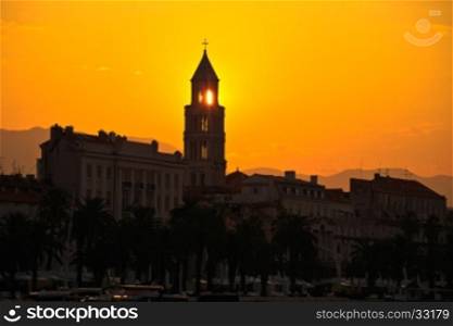 City of Split Riva at sunrise, landmarks silhouette, Dalmatia, Croatia