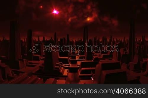 City of strange tall structures flooded with red light of a bright star. Everything is filled with dark shadows. In the night sky bright stars and nebula. The camera quickly flies among the buildings.