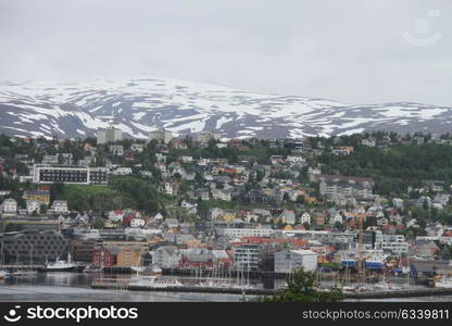 City of Tromso, Norway, View of mountains, buildings, churches and fjords