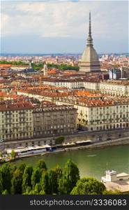 City of Turin and Mole Antonelliana skyline panorama seen from the hil