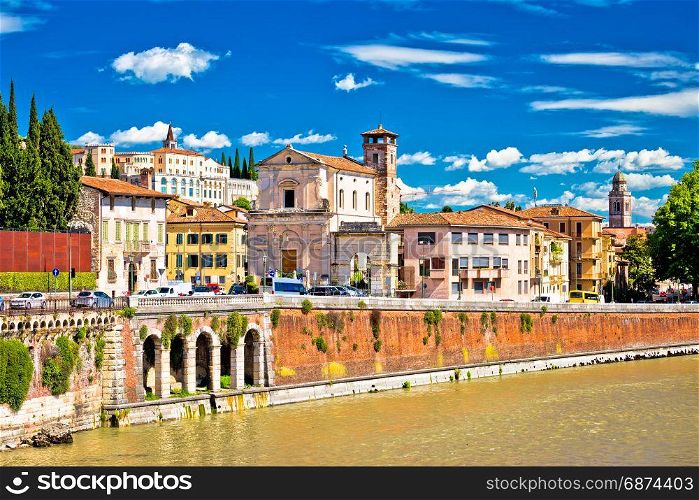 City of Verona Adige riverfront view, colorful architecture of tourist destination in Veneto region, Italy