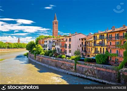 City of Verona Adige riverfront view, colorful architecture of tourist destination in Veneto region, Italy