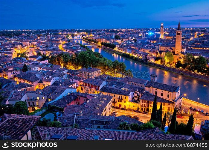 City of Verona and Adige river evening aerial view, tourist destination in Veneto region of Italy
