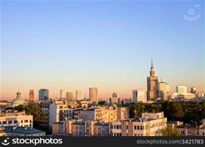 City of Warsaw skyline at sunset in Poland, composition with copyspace for text