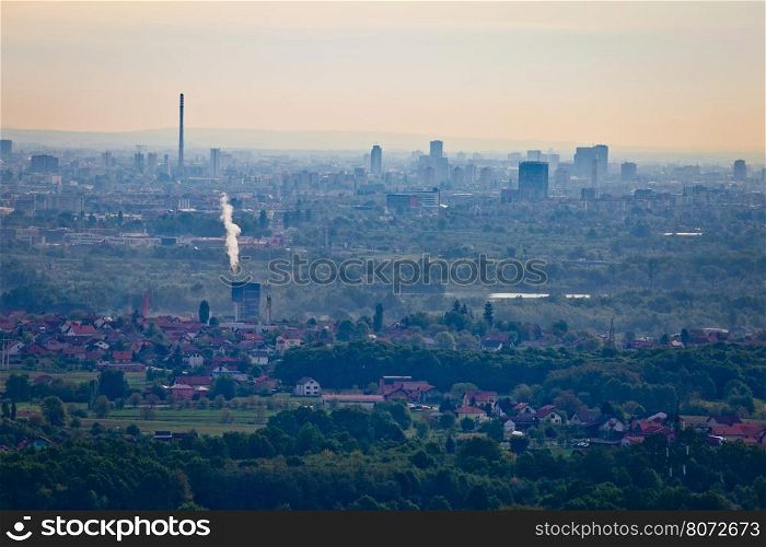 City of Zagreb panoramic aerial view in morning haze, capital of Croatia
