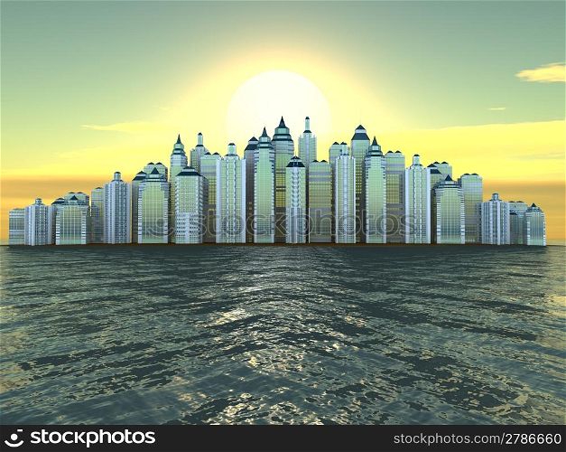 City on island. Three-dimensional background. 3d