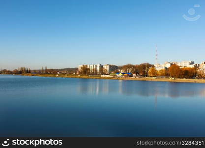 City on the bank of the reservoir. Khmelnytsky, Ukraine