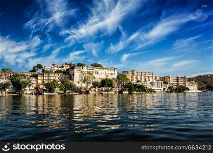 City Palace view from the lake. Udaipur, Rajasthan, India. Sand dunes in desert