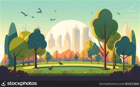 city park green trees. nature landscape, summer spring, sky garden, tree building, day background, urban city park green trees ai generated illustration. city park green trees ai generated