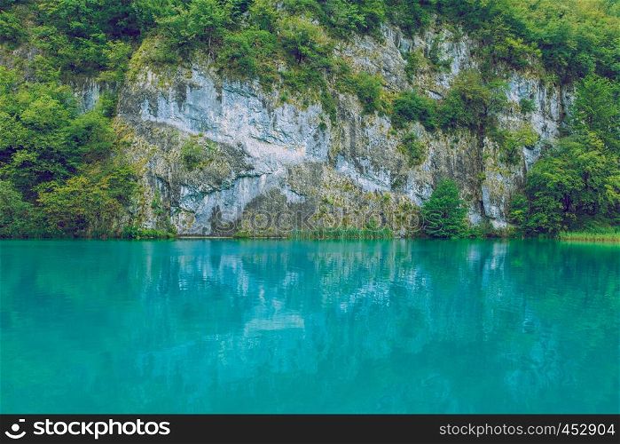 City Plitvice, Croatia. Blu water lake at national park in Crotia. Travel photo 2016.