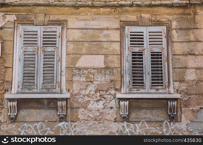 City Pula, Croatia. Old windows, city center and street. 05.05.2016 Travel photo.