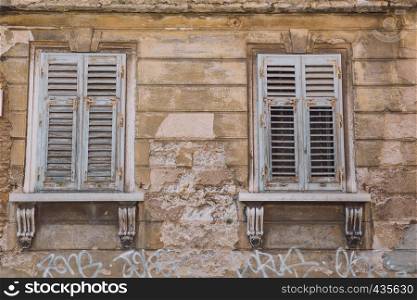City Pula, Croatia. Old windows, city center and street. 05.05.2016 Travel photo.