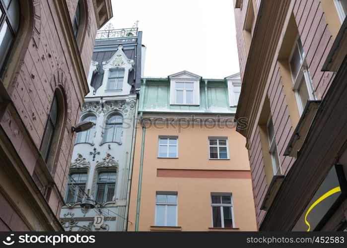 City Riga, Latvia. Old city streets, tourists and architecture. Old houses, streets and urban view. Travel photo 2019. january.Winter, snow and cold.