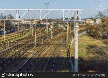 City Riga, Latvia. Railway station with wagons and rails. 16.01.2020