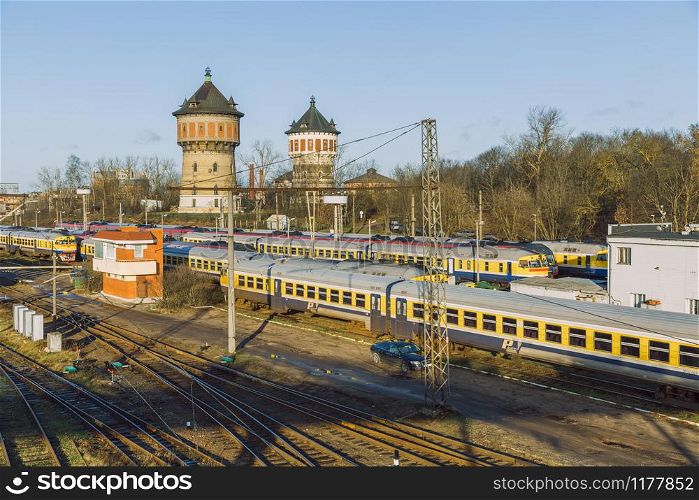 City Riga, Latvia. Railway station with wagons and rails. 16.01.2020