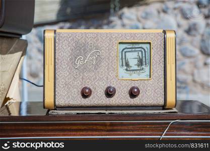 City Riga, Latvian Republic. An old radio is on the table. 2019. 27 July. Travel photo.