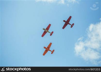 City Riga, Latvian republic. Avio show in honor of the city festival. Pilots show demonstrations with aircraft. 17 August 2019.