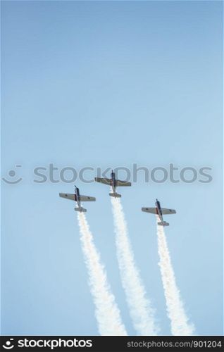 City Riga, Latvian republic. Avio show in honor of the city festival. Pilots show demonstrations with aircraft. 17 August 2019.