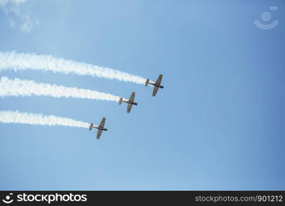 City Riga, Latvian republic. Avio show in honor of the city festival. Pilots show demonstrations with aircraft. 17 August 2019.