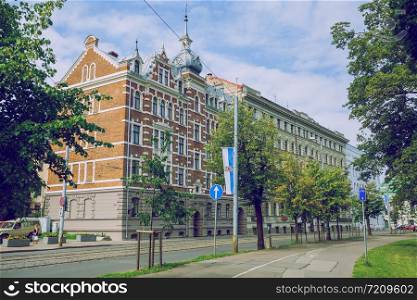 City Riga, Latvian Republic. Old building with interesting ornaments. 2019. 18. Aug.