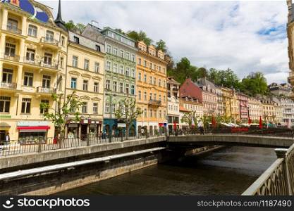City river and outdoor cafes, Karlovy Vary, Czech Republic, Europe. Old european town, famous place for travel and tourism. City river and outdoor cafes, Karlovy Vary