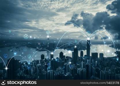 City scape with connecting dots for networking and communication, Hong Kong cityscape