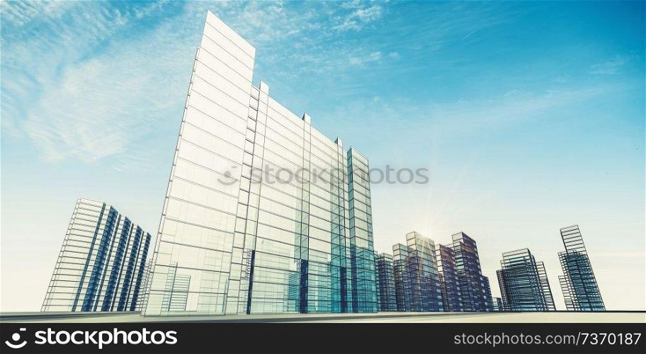 City scene downtown abstract architecture. 3d rendering. City scene 3d rendering