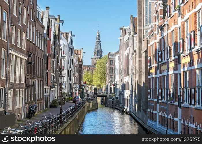 City scenic from Amsterdam in spring in the Netherlands with the North Church (Noorderkerk)